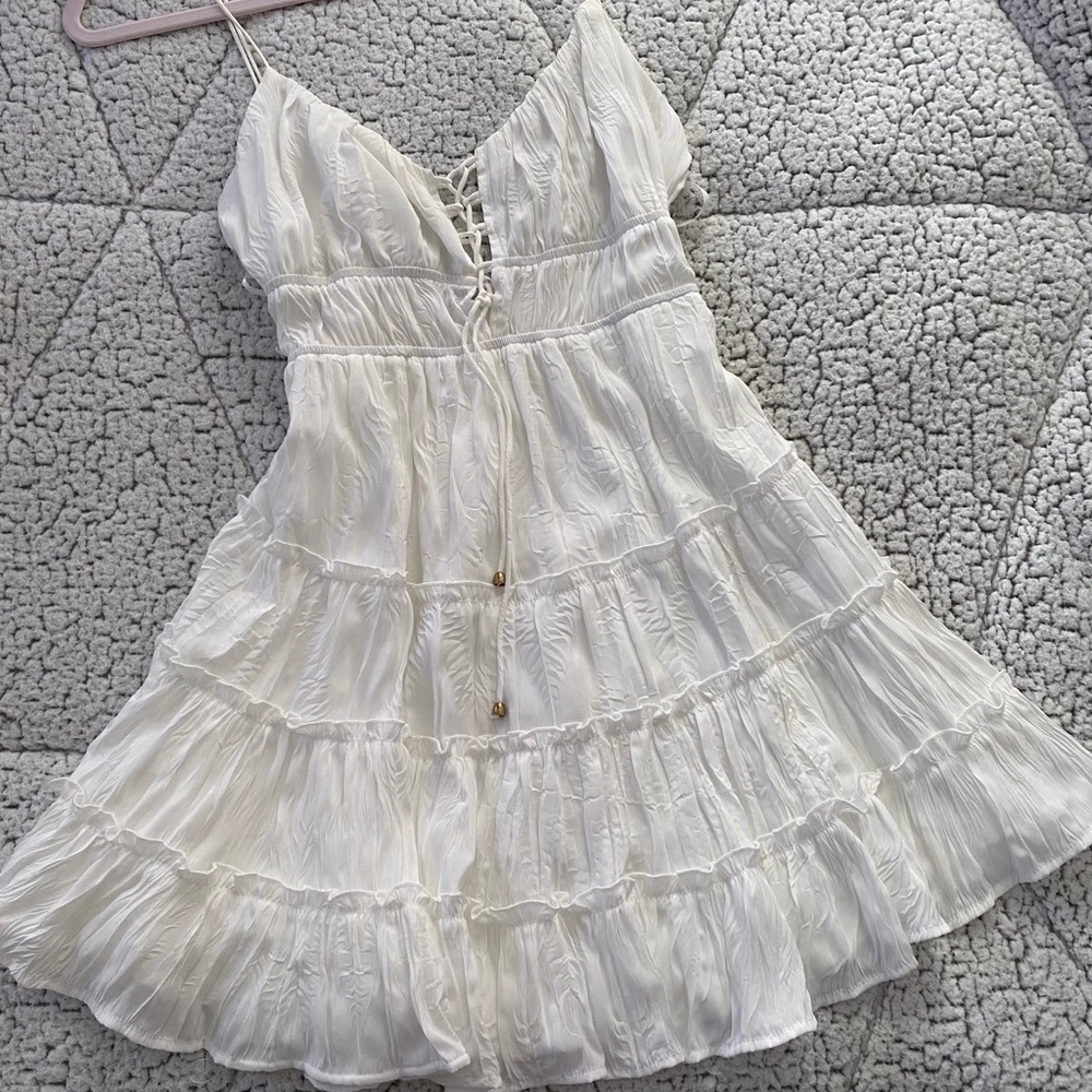 White Ruffle Lace Up Dress